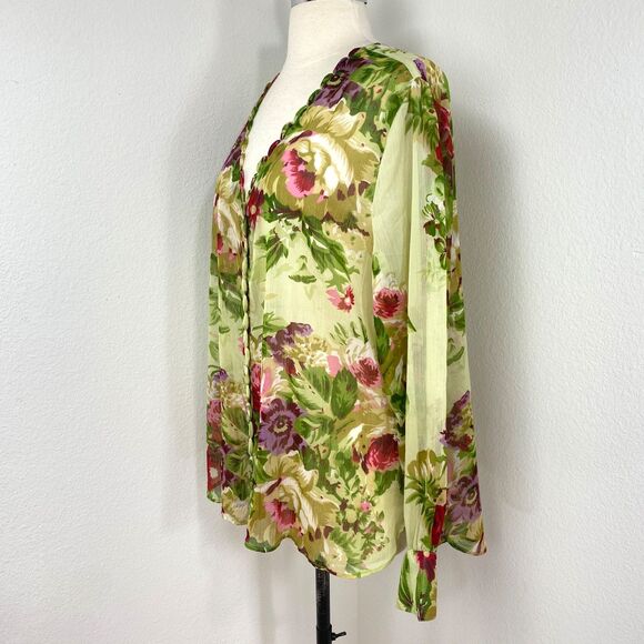 Soft Surrounding Chartreuse Floral Blouse XL Button Front Long Sleeves V-Neck - Picture 7 of 13